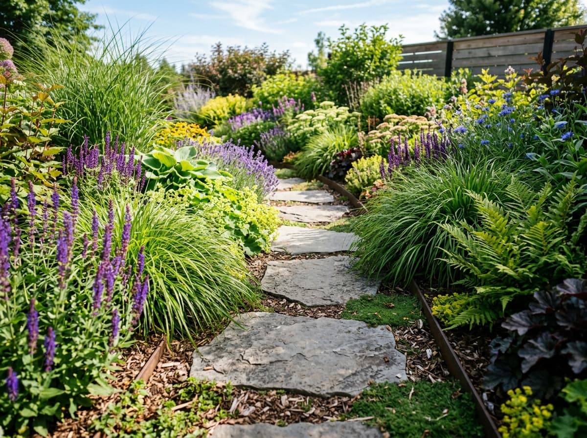 Service illustration: Balanced garden planting concept with curated shrubs and mulch