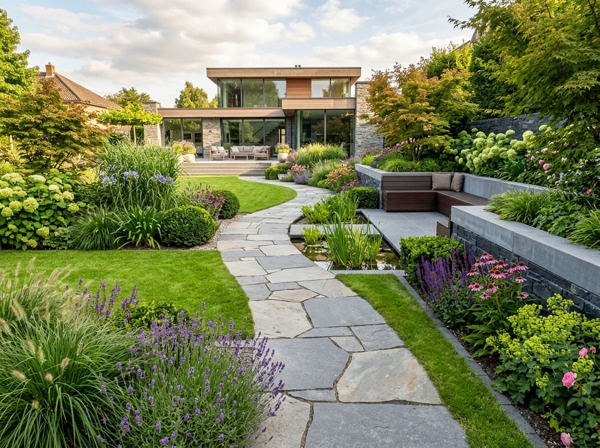 Service illustration: Custom garden bed design with structured plants and stepping stone pathway