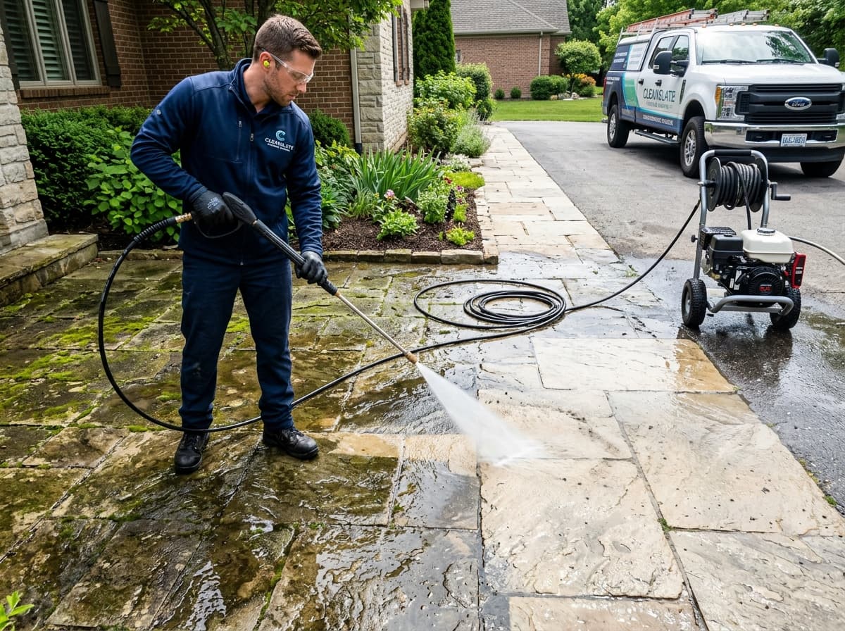 Service illustration: High-pressure washing removing moss and grime from stone patio surface